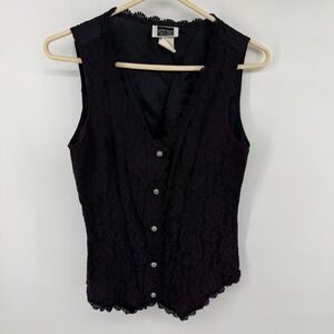Vintage Black Lace The Studio Button Front Vest Silver Filigree Buttons Medium